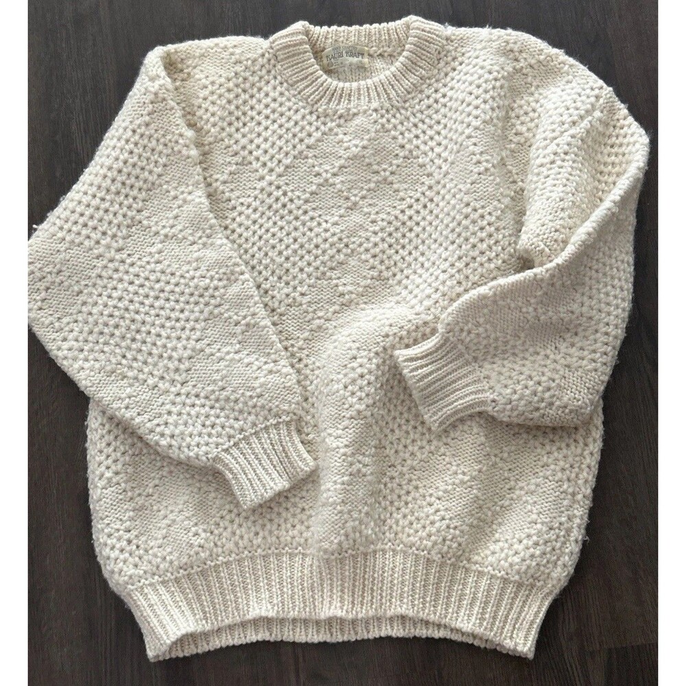 VTG Kauri Kraft Hand Crafted New Zealand Knit Wool Sweater XL Ivory Fisherman